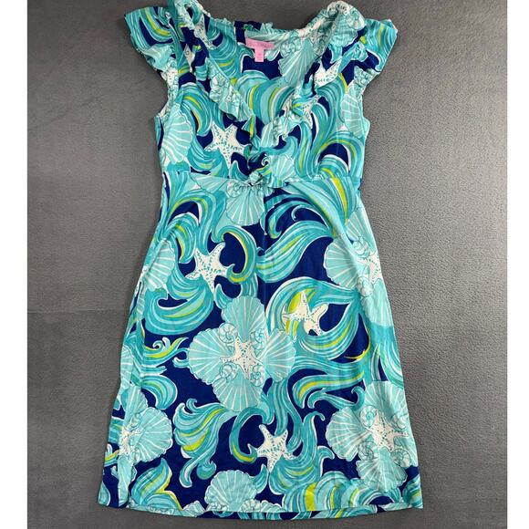 Lilly Pulitzer Dress XS  Blue Short Sleeve Tidal Wave Star Fish Sea‎ Shells - Picture 1 of 7